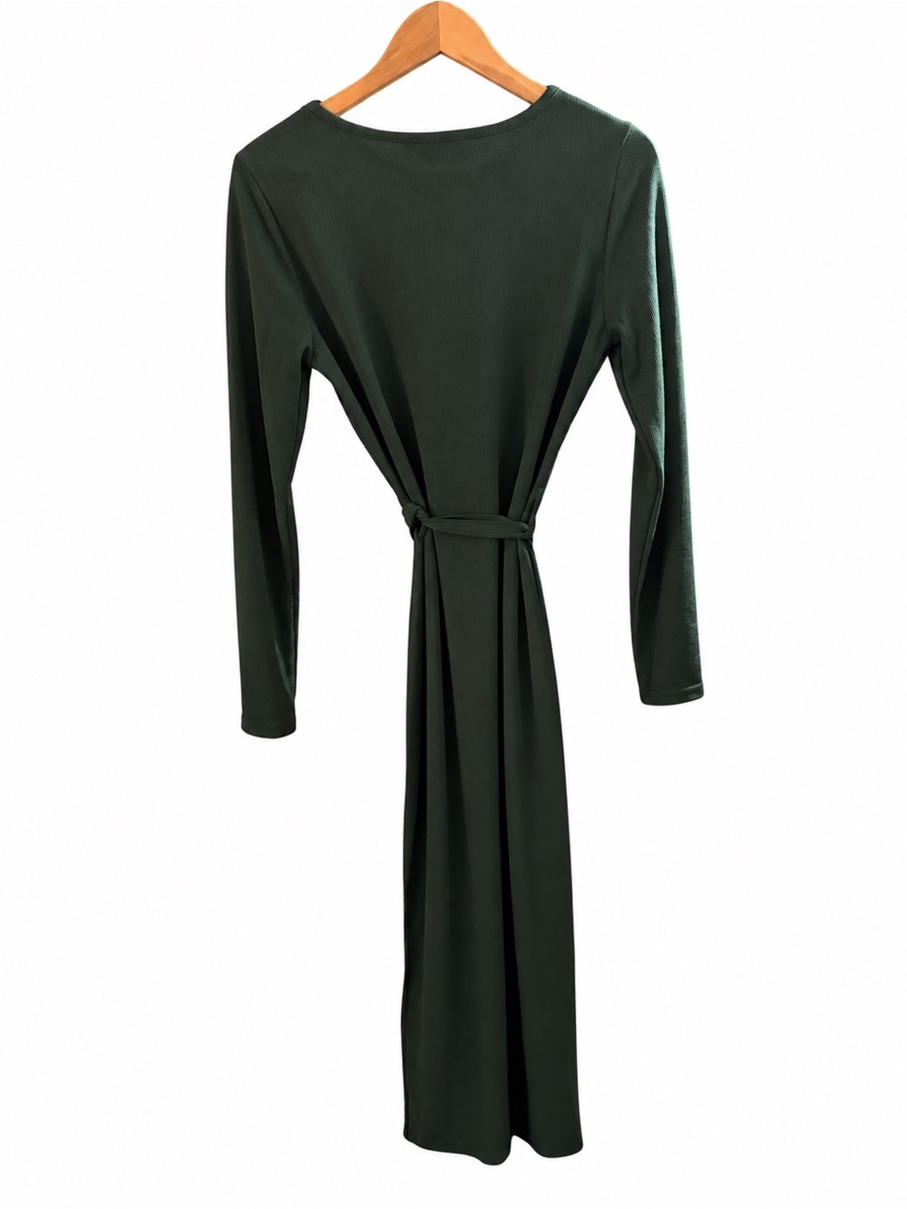 C+D+M Dark Green Ribbed Tie Waist Long Sleeve Maxi Dress Large - Picture 3 of 4